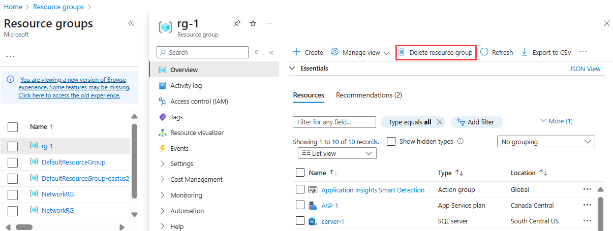 Delete resource group in the Azure portal