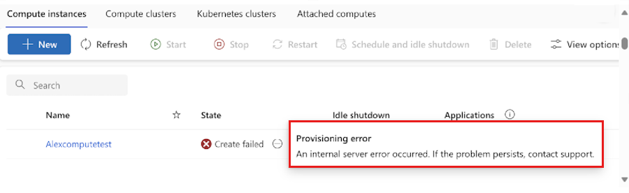 A screenshot showing the provisioning error message.