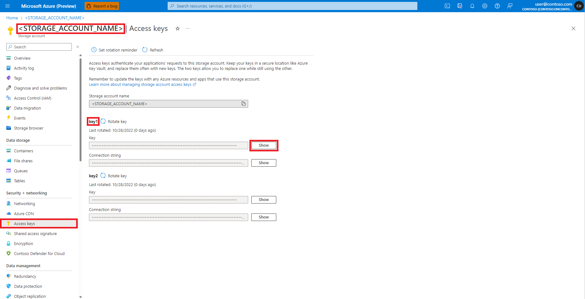 Screenshot that shows the Azure access key and connection string values screen.