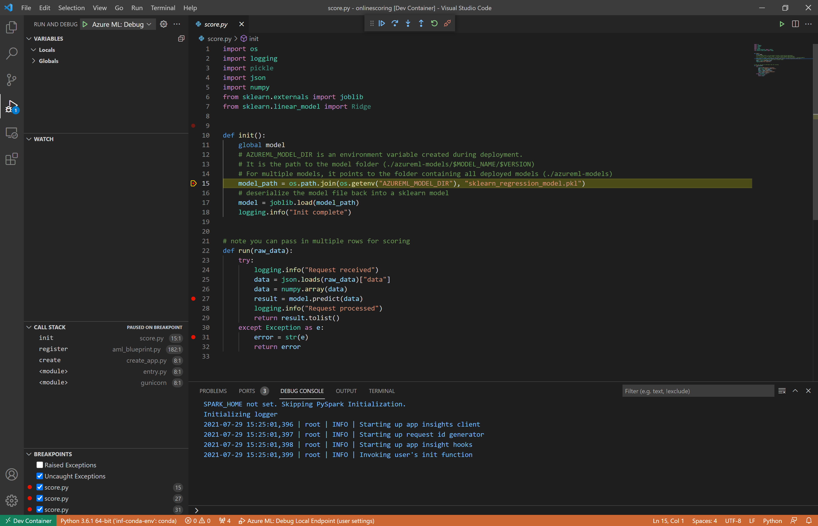 Screenshot of endpoint debugging in VSCode.