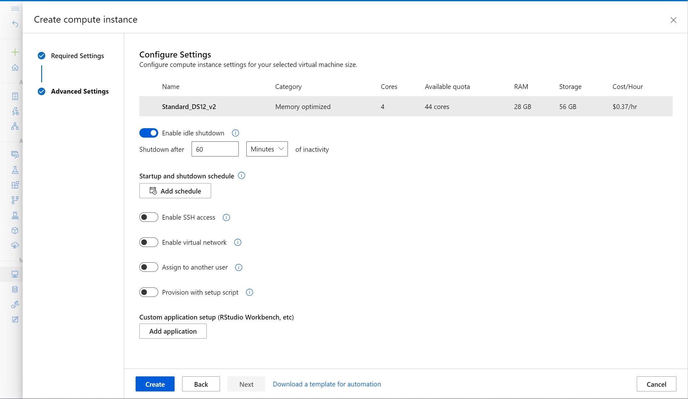 Screenshot of the Advanced Settings page for creating a compute instance