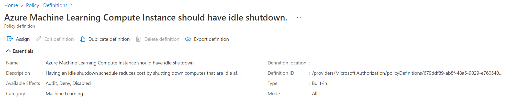 Screenshot for the idle shutdown policy in Azure portal.