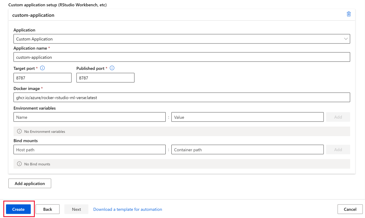 Screenshot shows form to set up RStudio as a custom application