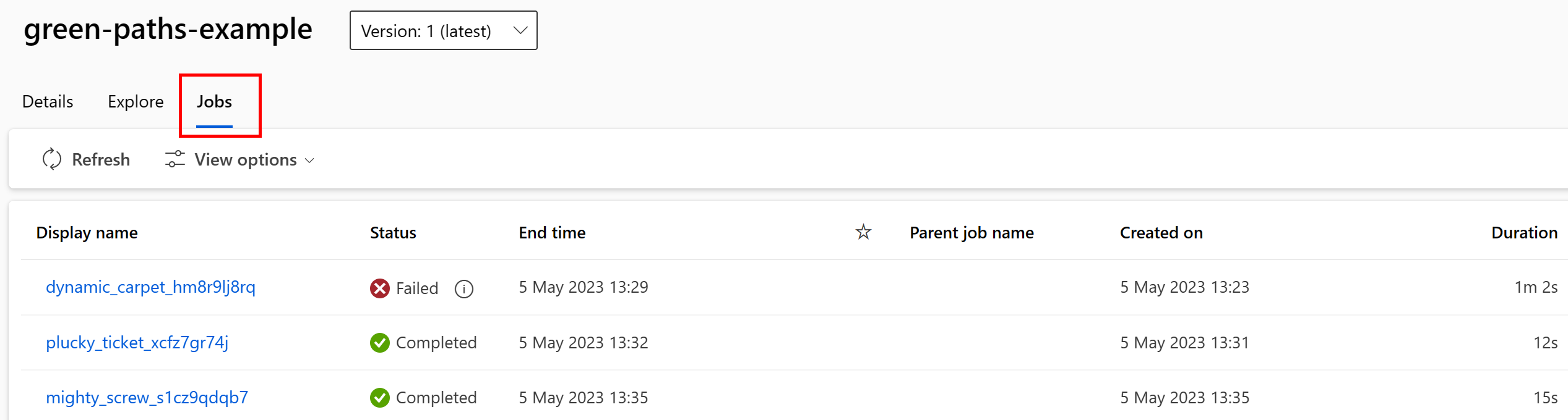 Screenshot that shows the jobs that consume a data asset.