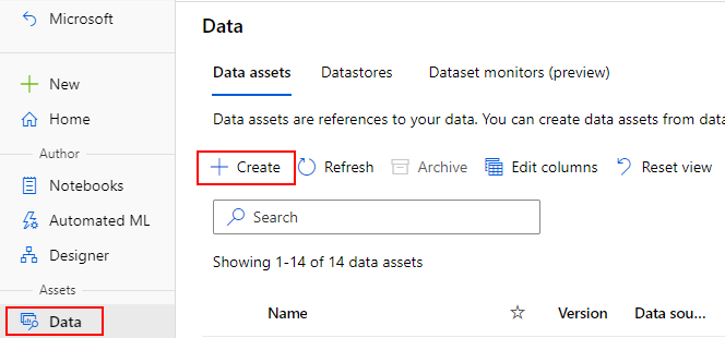 Screenshot highlights Create in the Data assets tab.