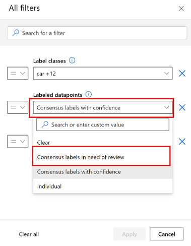 Screenshot that shows how to select labels in need of review.