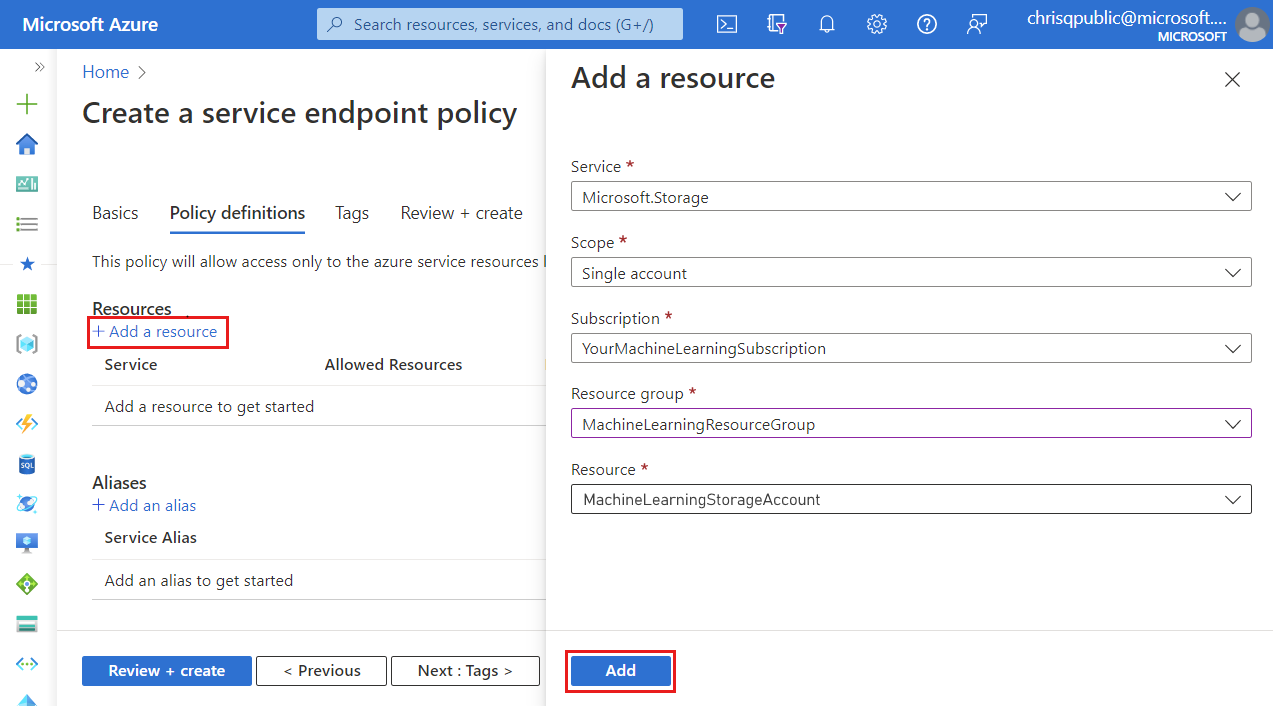 A screenshot showing how to create a service endpoint policy.