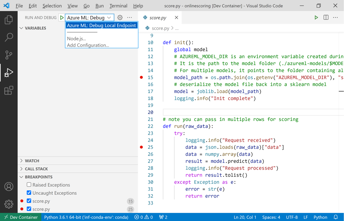 Configure Azure Machine Learning Debug Local Environment debug profile