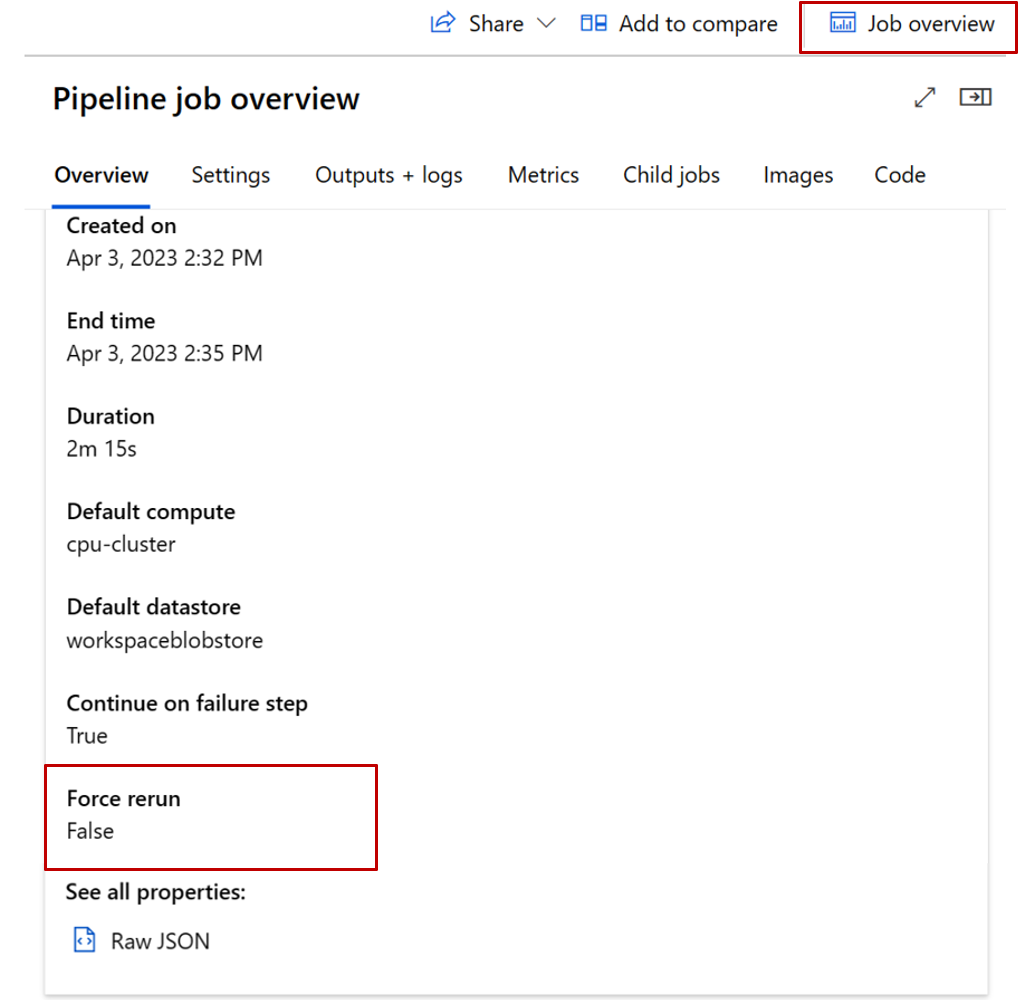 Screenshot of pipeline job overview tab with force rerun highlighted.