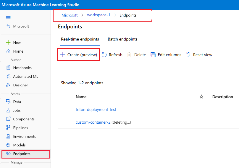 Screenshot showing create option on the Endpoints UI page.