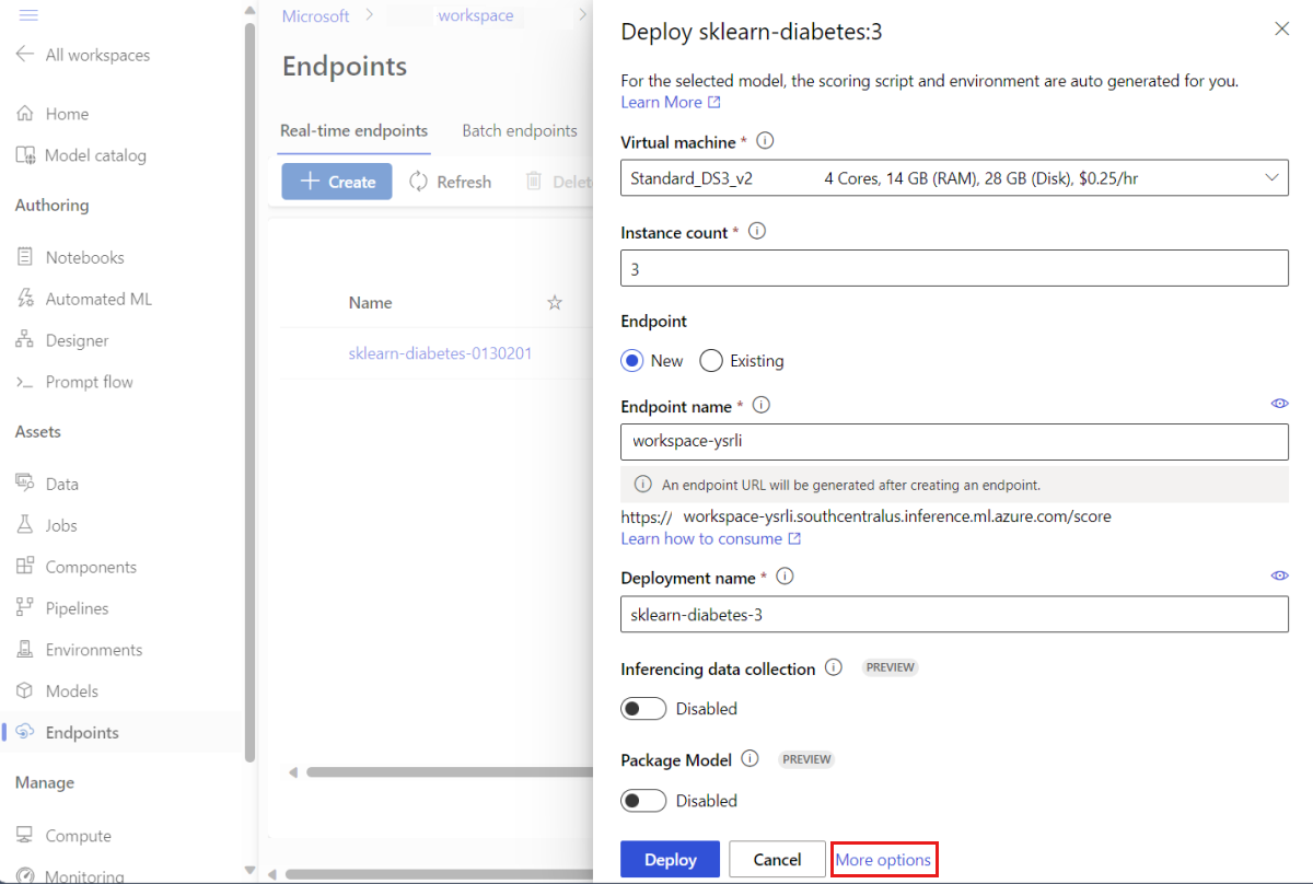 Screenshot showing how to select advanced deployment options when creating an endpoint.