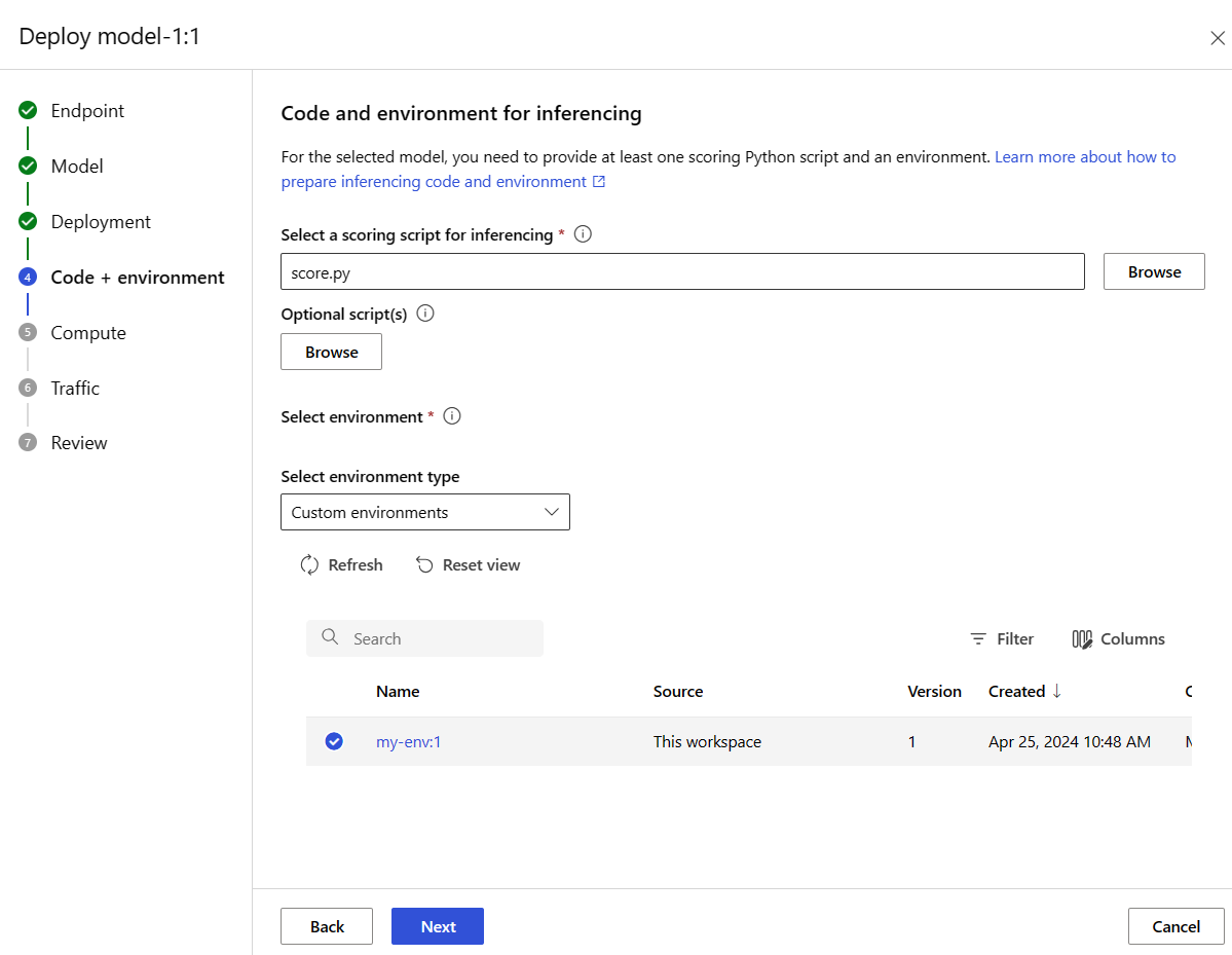 A screenshot showing selection of a custom environment for deployment.