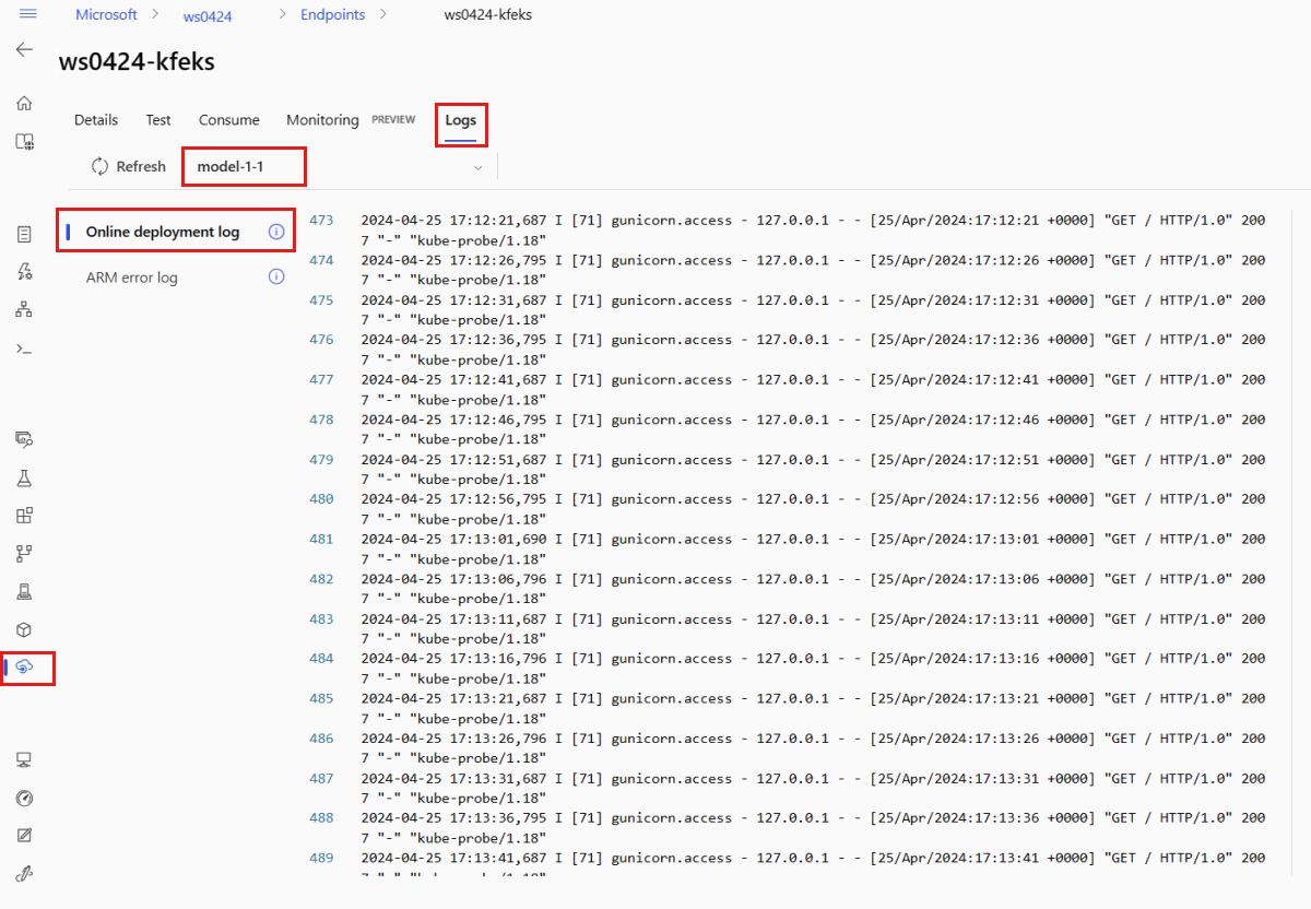 A screenshot of observing deployment logs in the studio.