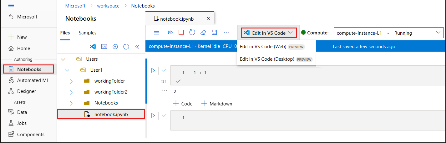 Screenshot of how to connect to Compute Instance VS Code (Web) Azure Machine Learning Notebook.
