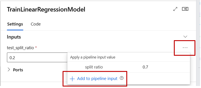 Screenshot highlighting how to promote to pipeline input in designer.