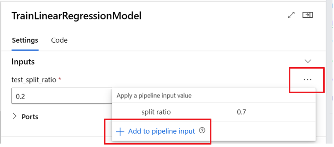 Screenshot highlighting how to promote to pipeline input in designer.