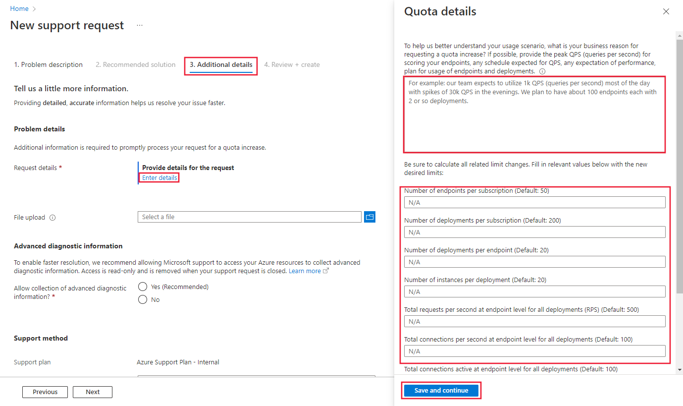 Screenshot of the endpoint quota details form.