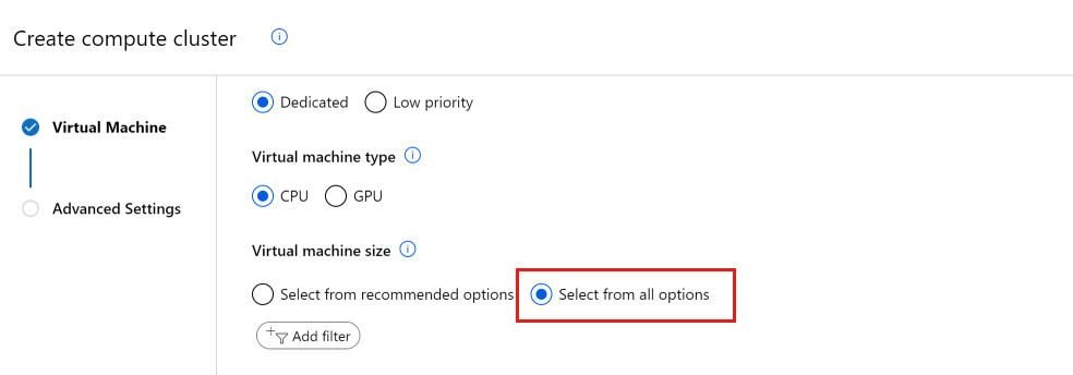 Screenshot shows select all options to see compute resources that need more quota