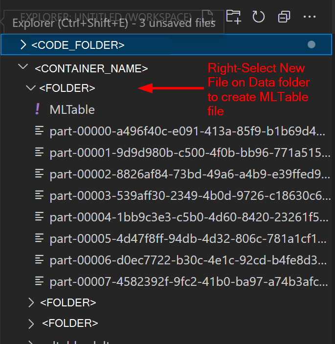 Screenshot highlighting the data folder that will store the MLTable file.