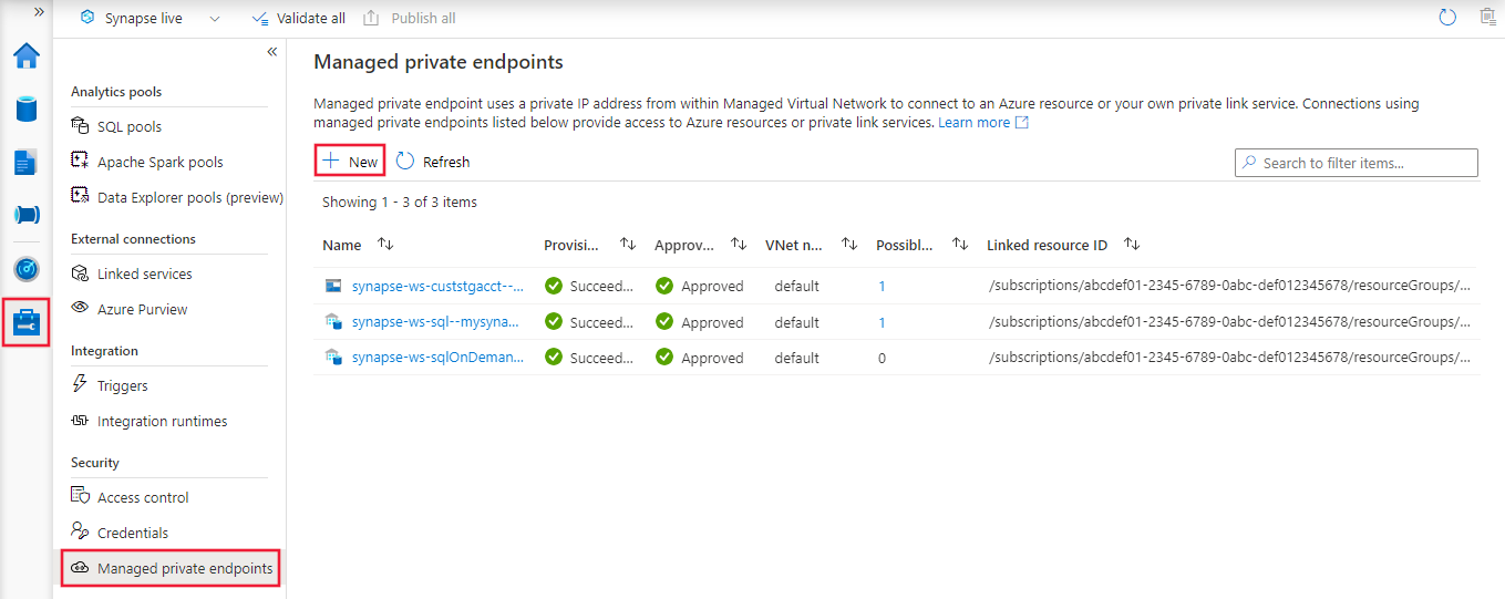 Screenshot of the managed private endpoints dialog.