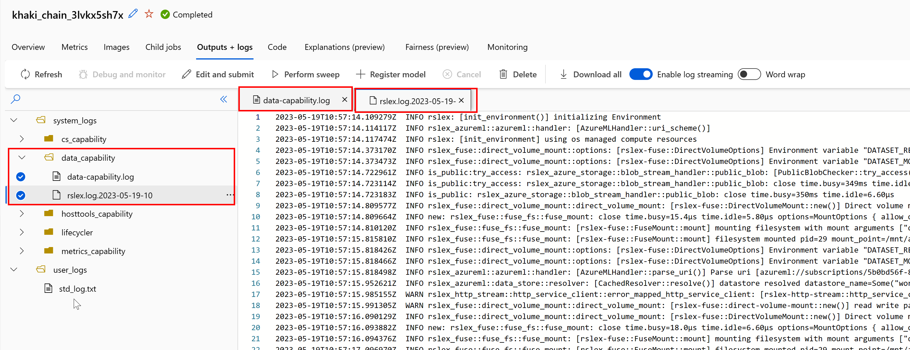 Screenshot showing data runtime logs.