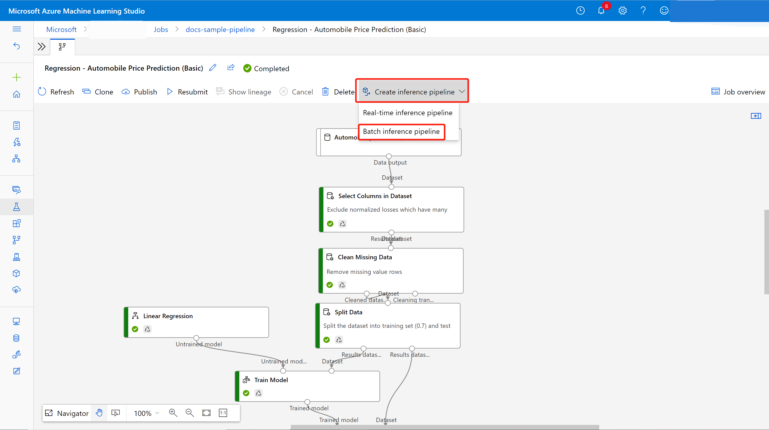 Screenshot of the create inference pipeline drop-down with batch inference pipeline highlighted.