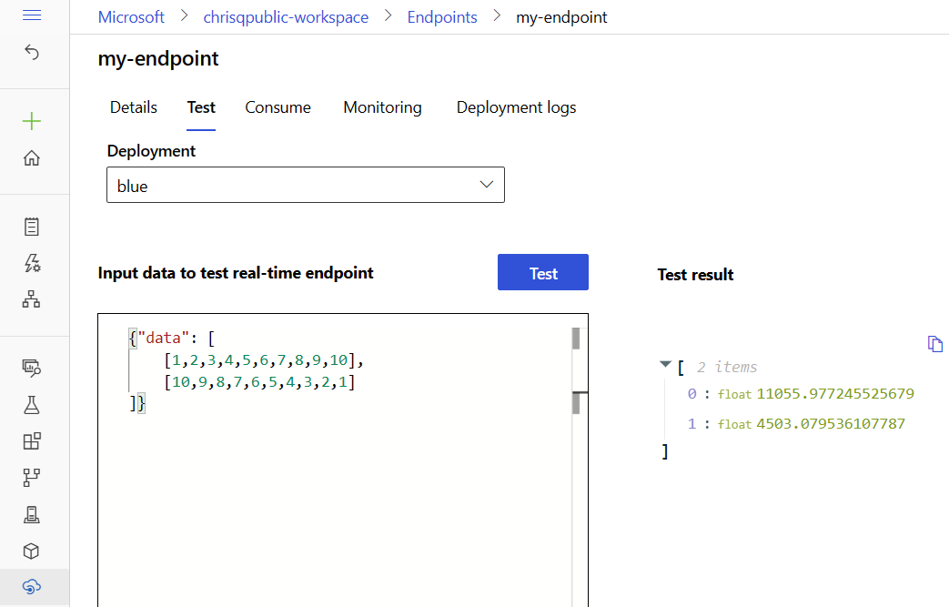 A screenshot of testing a deployment by providing sample data, directly in your browser.