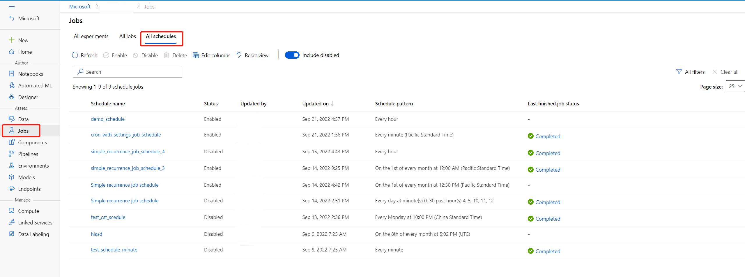 Screenshot of the all schedule tabs showing the list of schedule in this workspace.