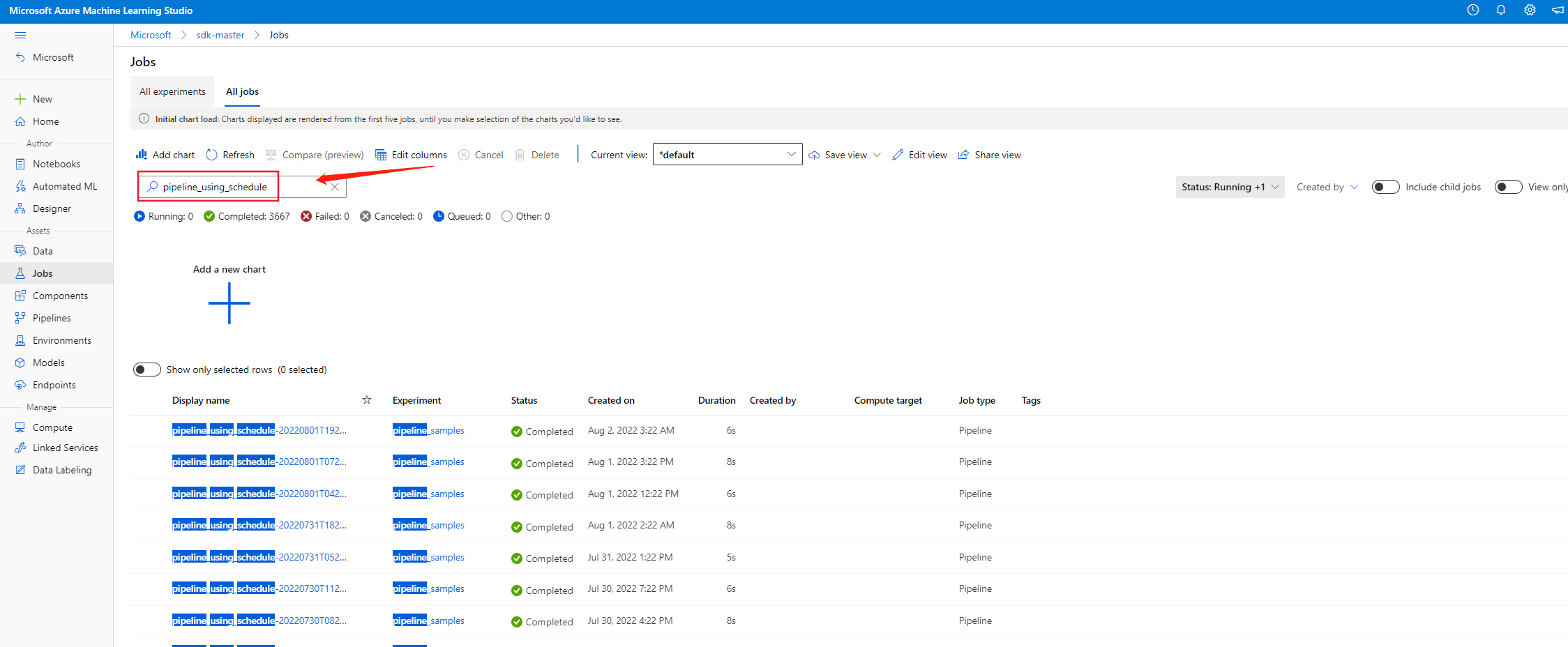Screenshot of the jobs tab in the Azure Machine Learning studio filtering by job display name.