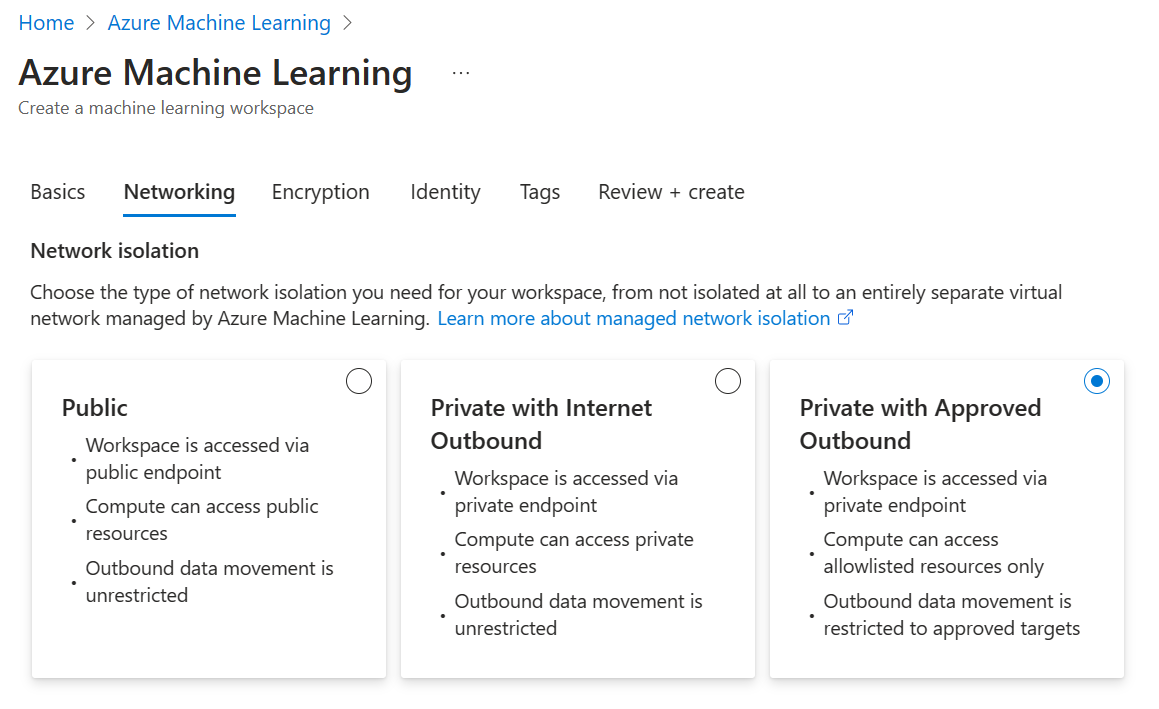 Screenshot of Managed Vnet Options in Azure Machine Learning.