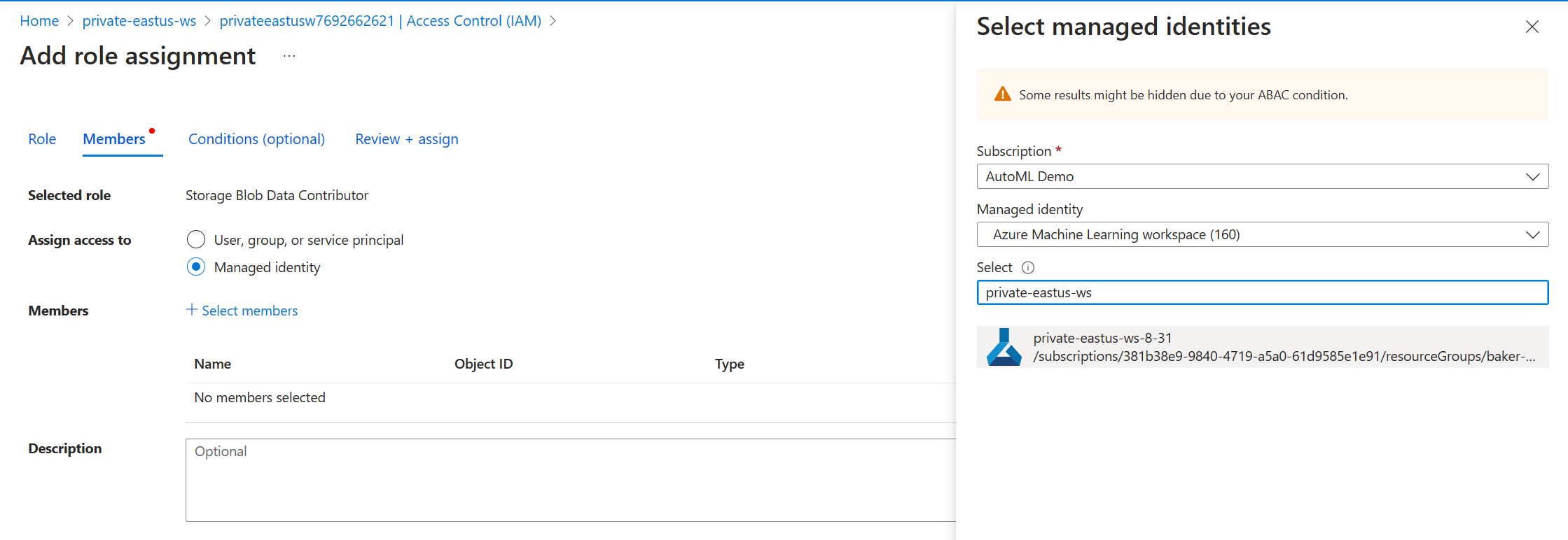 Screenshot showing the location to add a Workspace Managed Identity to a Blob or Table access in Storage Account of the Azure Studio.