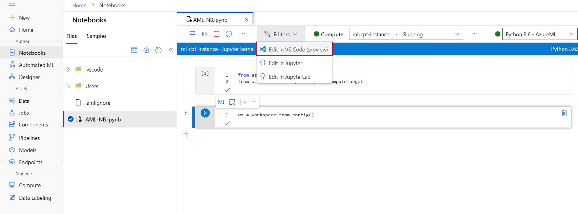 Connect to Compute Instance VS Code Azure ML Notebook