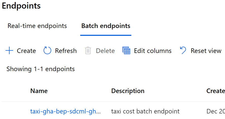 Screenshot of Machine Learning taxi batch endpoint.