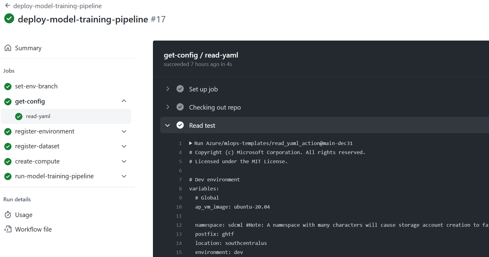 Screenshot of Training Step in GitHub Actions.