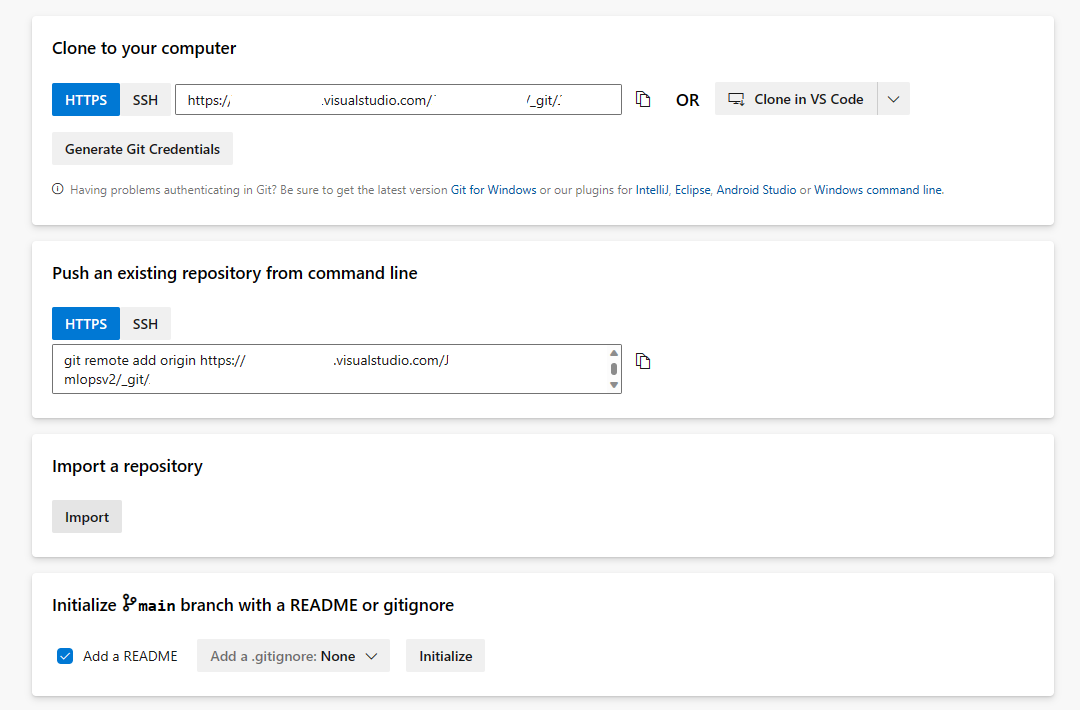 Screenshot of Azure DevOps import repo first time.