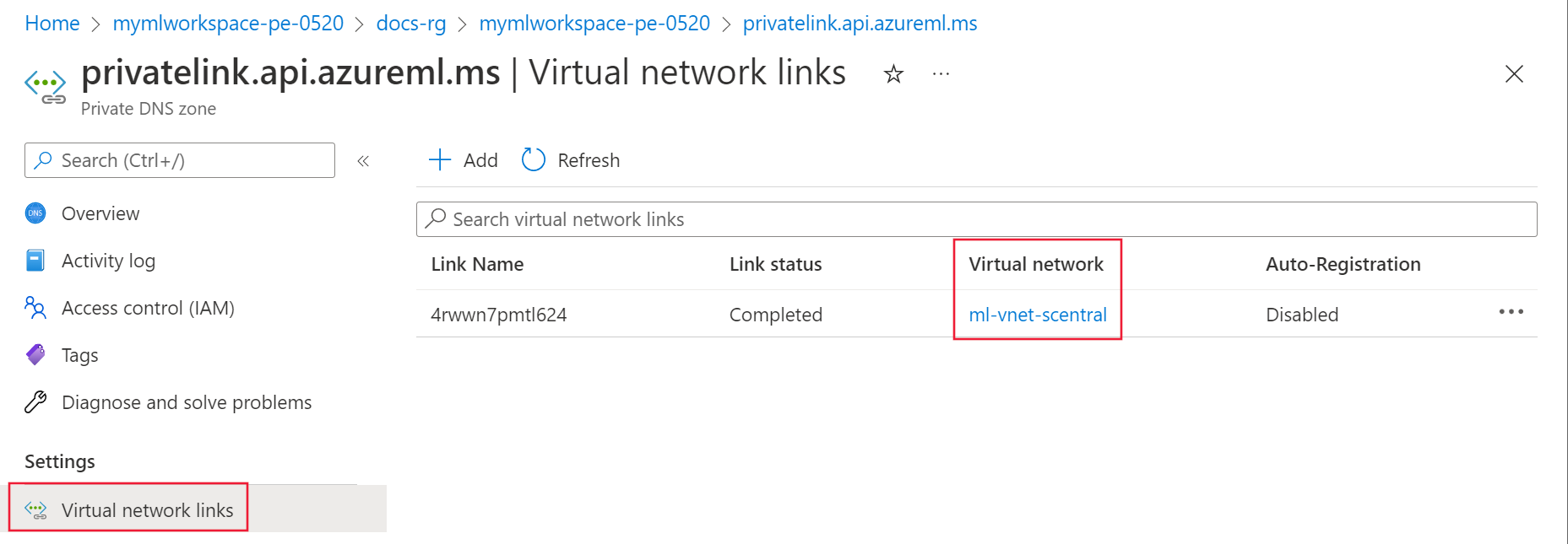 Screenshot of the virtual network links for the Private DNS zone.