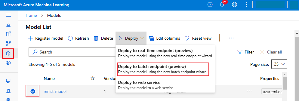Screenshot of creating a batch endpoint/deployment from Models page
