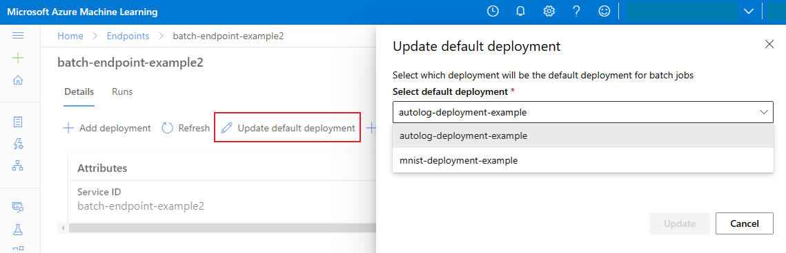 Screenshot of updating default deployment.