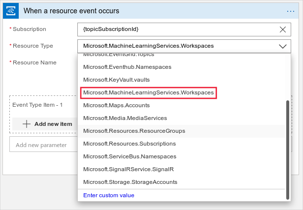 Screenshot shows the When a resource event occurs dialog box with machine learning selected as a resource type.