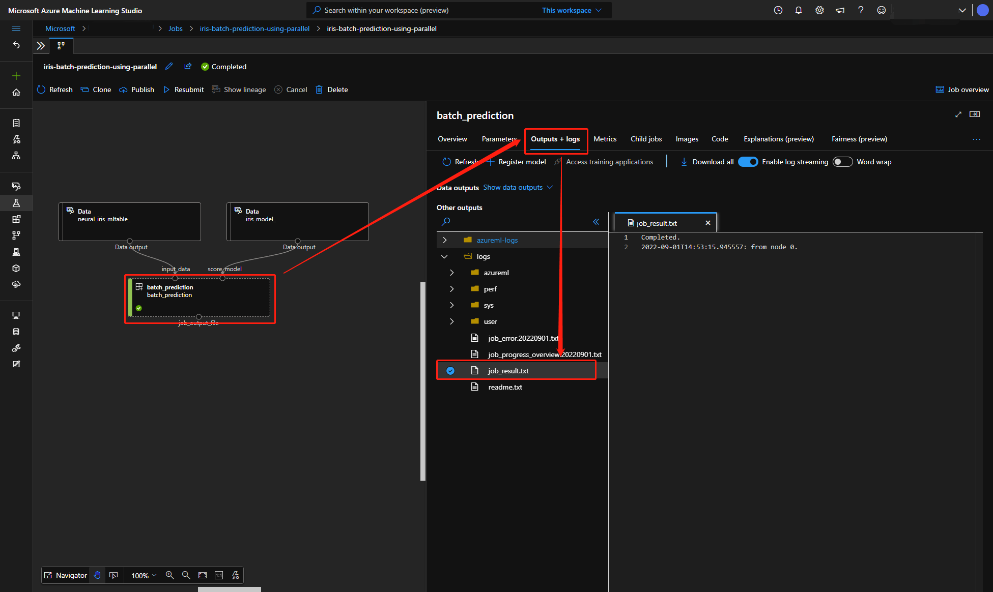 Screenshot of Azure ML studio on the jobs tab showing the parallel job results.