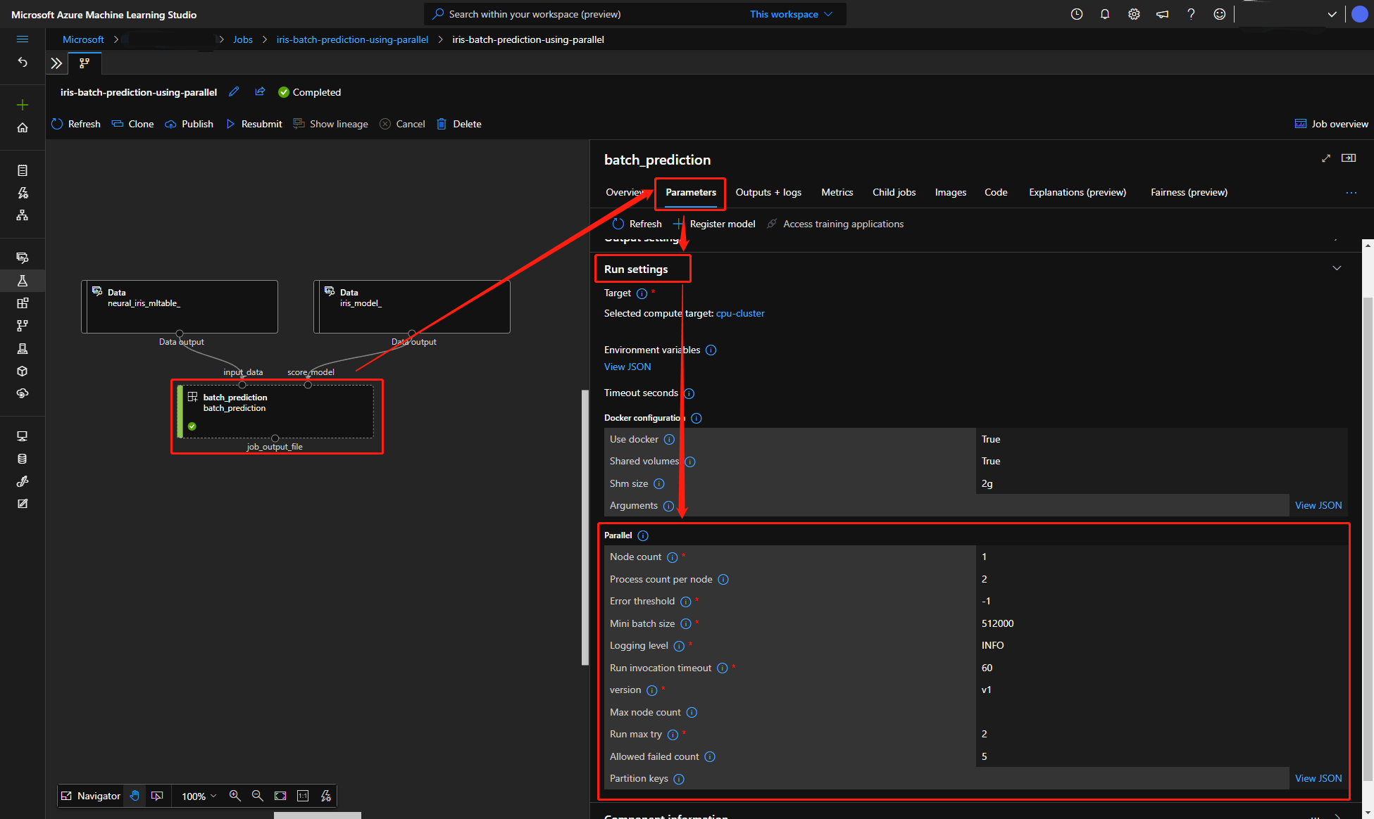 Screenshot of Azure ML studio on the jobs tab showing the parallel job settings.