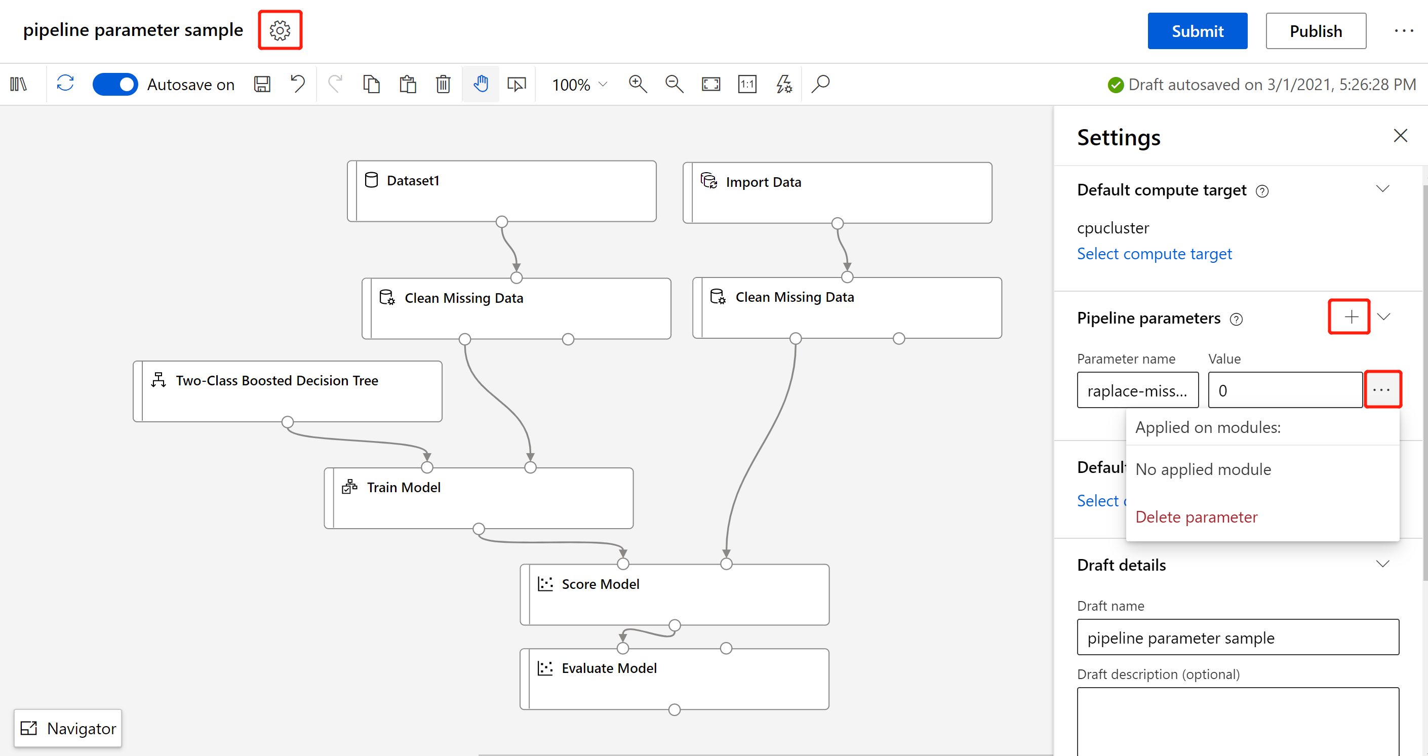 Screenshot that shows how to create a pipeline parameter