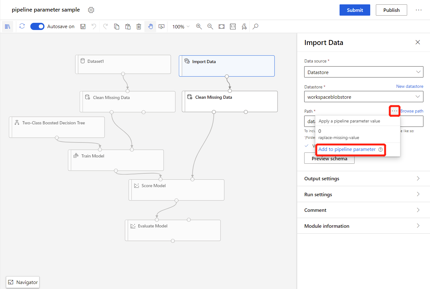Screenshot that shows how to promote component parameter to pipeline parameter1