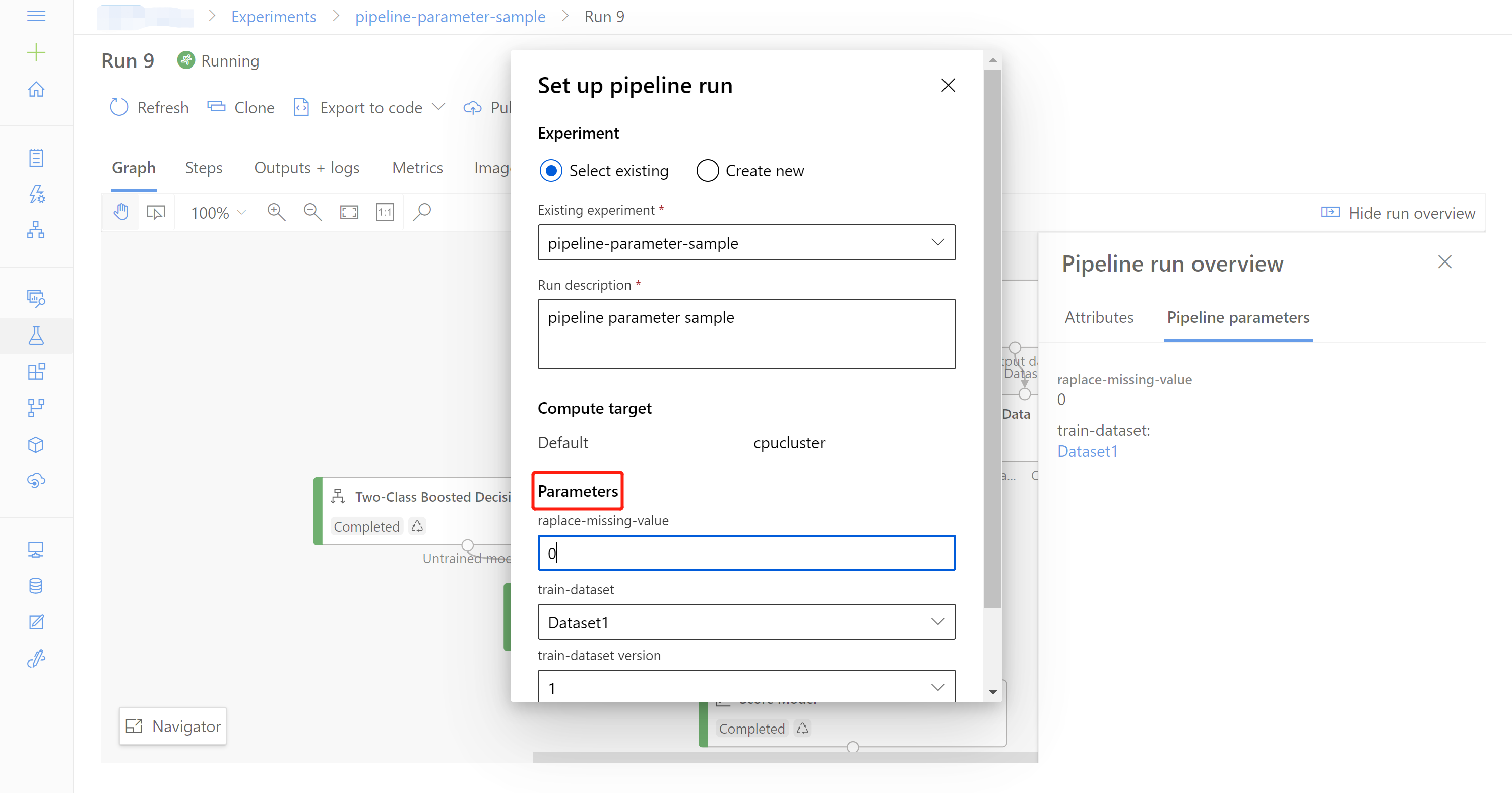 Screenshot that shows resubmit pipeline with pipeline parameters