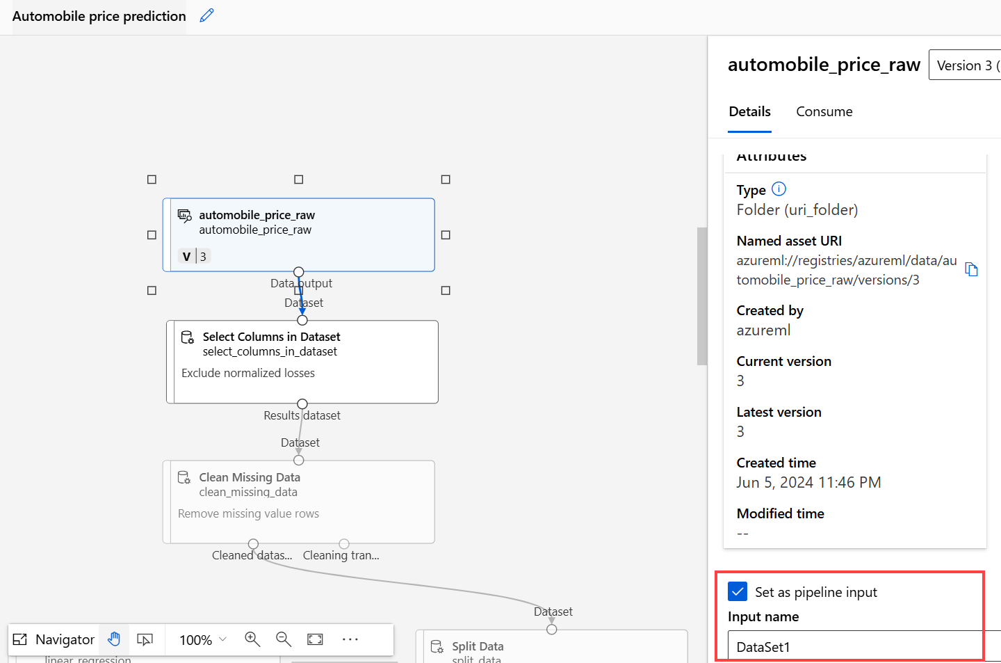 Screenshot that shows how to set dataset as pipeline parameter