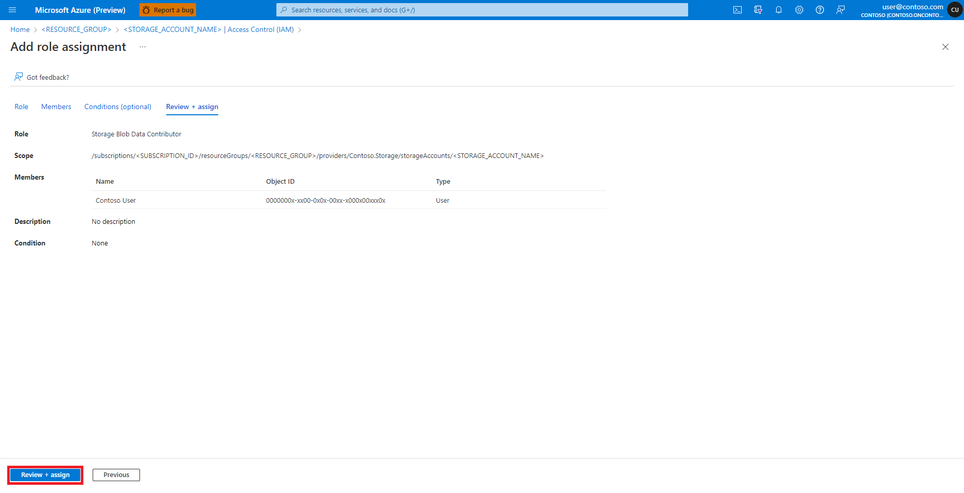 Screenshot showing the Azure add role assignment screen review and assign tab.