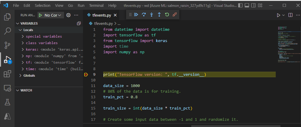 Screenshot of location of an example breakpoint that is set in the Visual Studio Code editor