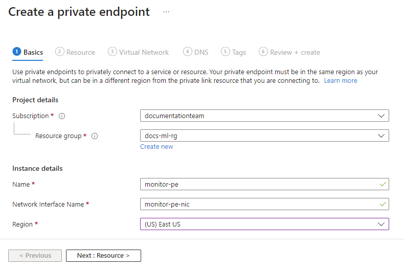 Screenshot of the Azure Monitor private endpoint basics.