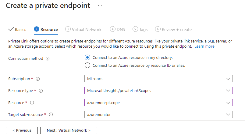 Screenshot of the Azure Monitor private endpoint resources.