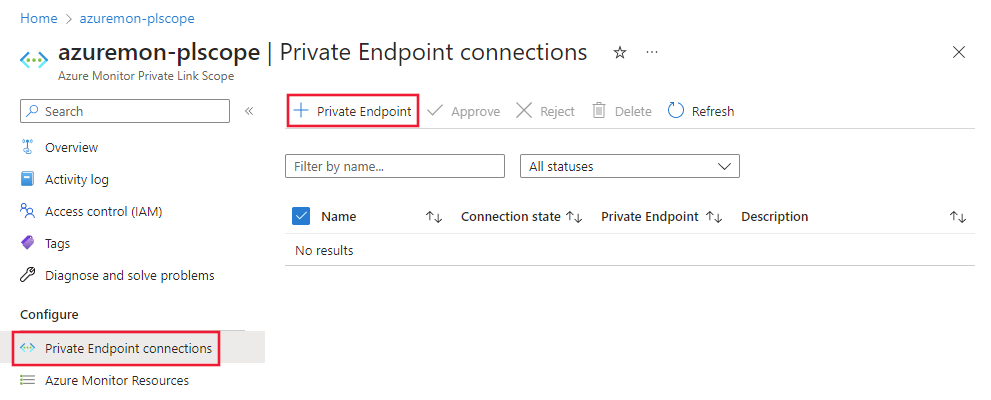 Screenshot of the add private endpoint button.